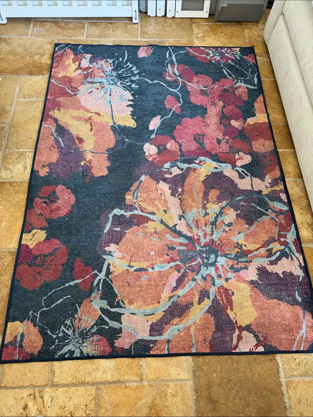 Ruggable Watercolor Floral Navy 5x7 Washable Rug Cover | Floral | Multicolor